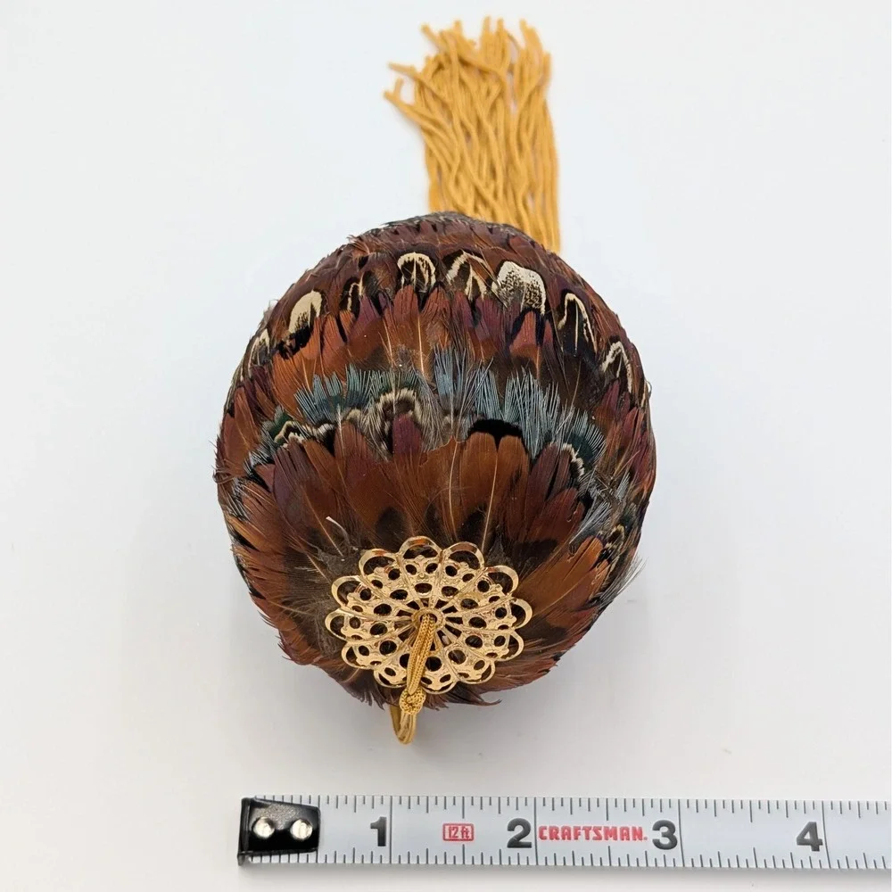 Pheasant Feather Egg Ornament with Gold Filigree and Tassel 7.5 Inch